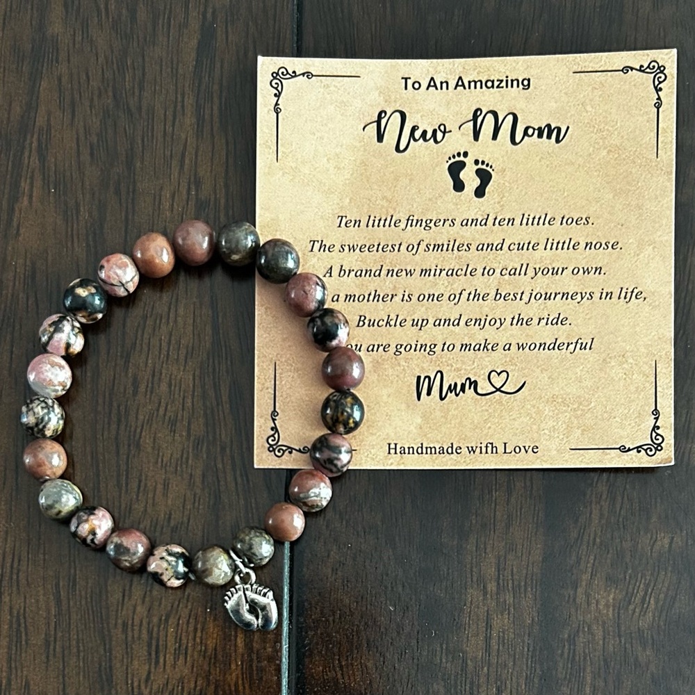 New Mom Beaded Bracelet with Silver Baby Feet Charm